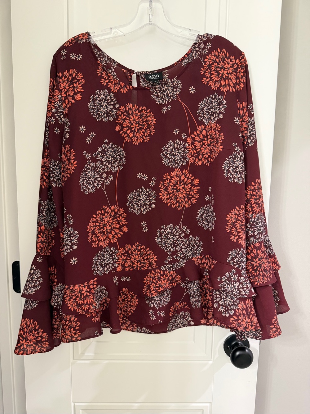 a.n.a Burgundy Floral Ruffle-Hem Blouse with Orange and White Blooms